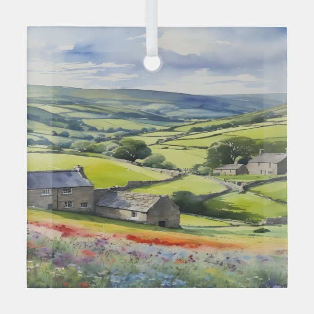 "Yorkshire Meadowsong" Landscape Yorkshire Dales  Glass Ornament (Front)