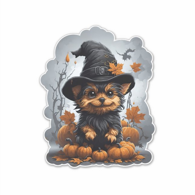 Yorkshire puppy Cartoon with pumpkins.  Sticker (Front)