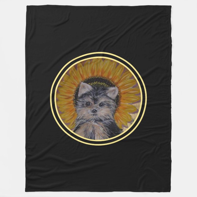Yorkshire Puppy Dog & Sunflower on Black Fleece Blanket (Front)