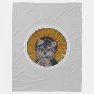 Yorkshire Puppy Dog & Sunflower on Light Gray Fleece Blanket