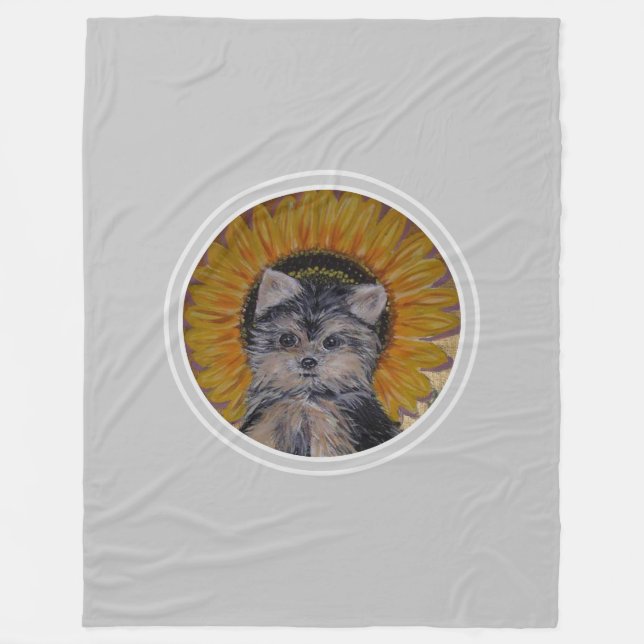 Yorkshire Puppy Dog & Sunflower on Light Gray Fleece Blanket (Front)