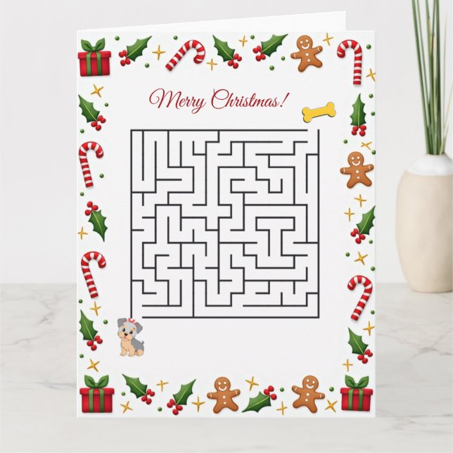 Yorkshire Terier Christmas Maze Puzzle Holiday Card (Front)