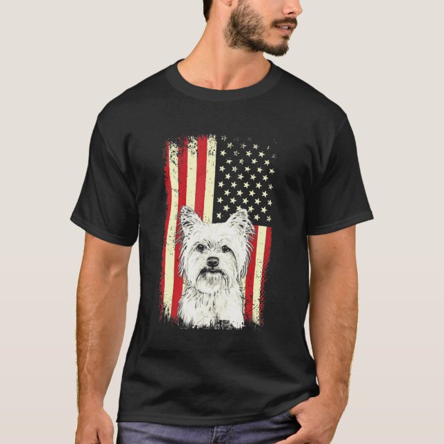 Yorkshire Terrier American Flag 4th July Patriotic T-Shirt (Front)