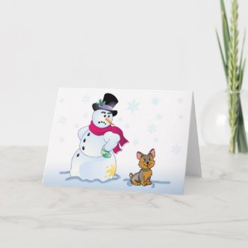 Yorkshire Terrier And Snowman Holiday Card by cleverpupart at Zazzle