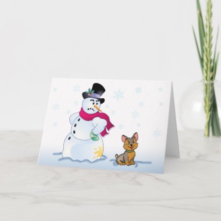 Yorkshire Terrier And Snowman Holiday Card