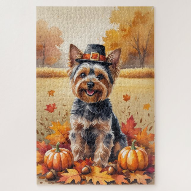 Yorkshire Terrier Autumn Leaves Thanksgiving Art Jigsaw Puzzle (Vertical)