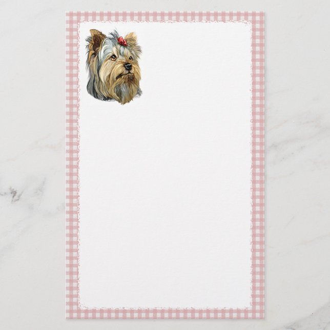 Yorkshire Terrier Bust Red Bow Stationery (Front)