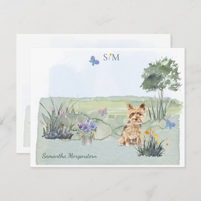 Yorkshire Terrier  Butterfly Meadow Monogram Name Note Card (Front/Back)