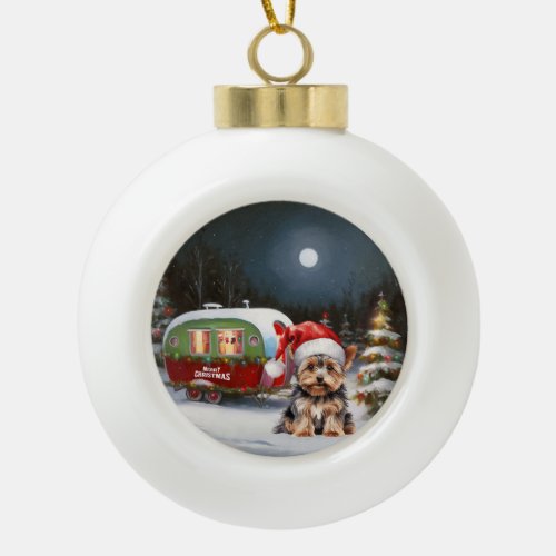 Yorkshire Terrier Caravan Christmas Adventure Ceramic Ball Christmas Ornament