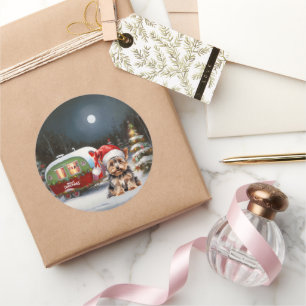 Yorkshire Terrier Caravan Christmas Adventure Classic Round Sticker