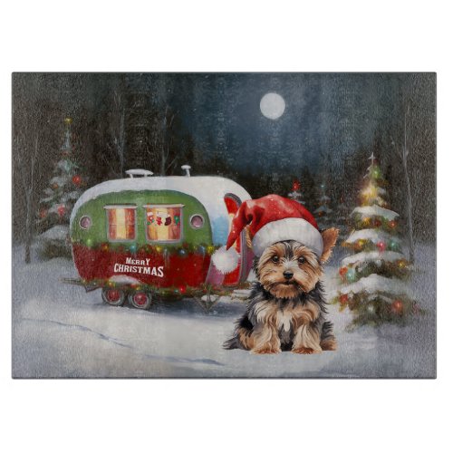 Yorkshire Terrier Caravan Christmas Adventure Cutting Board