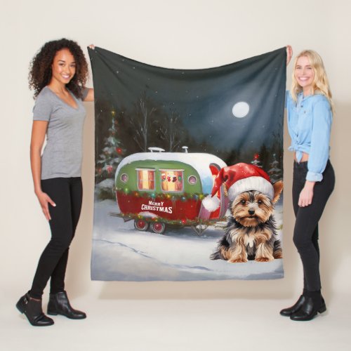 Yorkshire Terrier Caravan Christmas Adventure Fleece Blanket