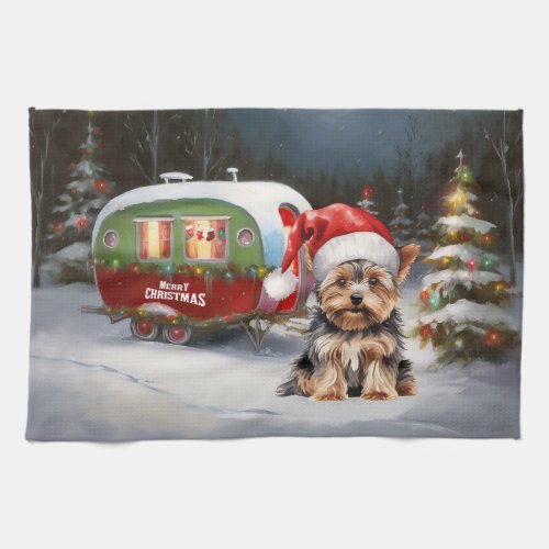 Yorkshire Terrier Caravan Christmas Adventure Kitchen Towel