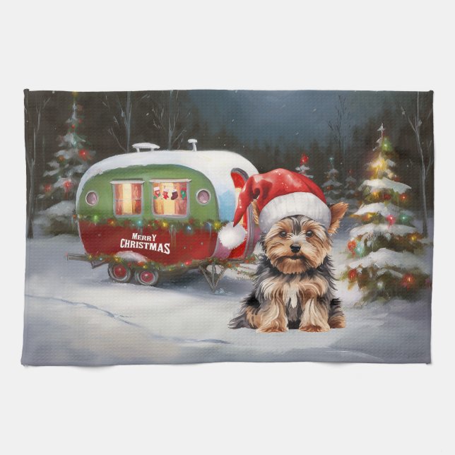 Yorkshire Terrier Caravan Christmas Adventure Kitchen Towel (Horizontal)