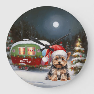 Yorkshire Terrier Caravan Christmas Adventure Large Clock