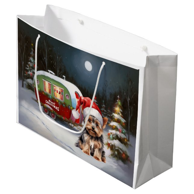Yorkshire Terrier Caravan Christmas Adventure Large Gift Bag (Front Angled)