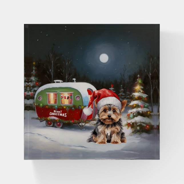 Yorkshire Terrier Caravan Christmas Adventure Paperweight (Front)