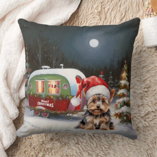 Yorkshire Terrier Caravan Christmas Adventure Throw Pillow