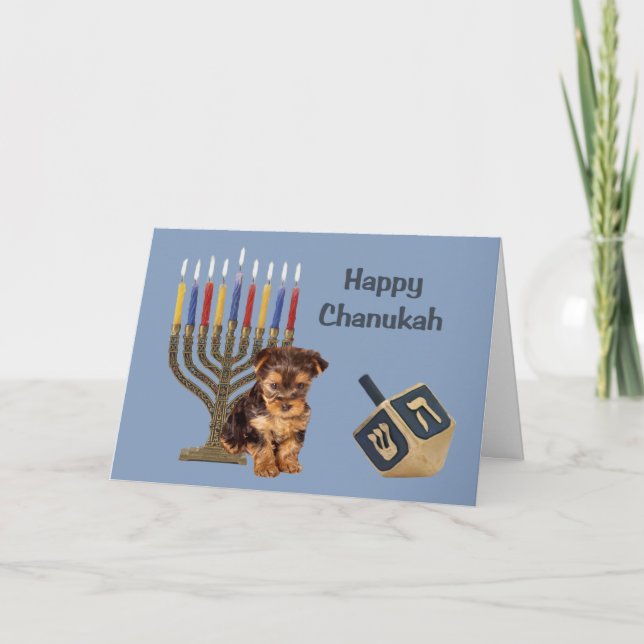 Yorkshire Terrier Chanukah Card Menorah Dreidel (Front)