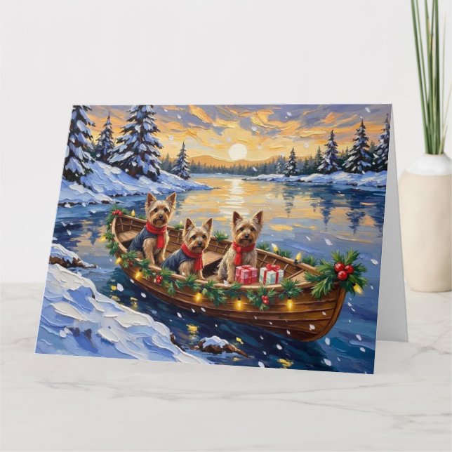 Yorkshire Terrier Christmas Boat Holiday Card (Front)