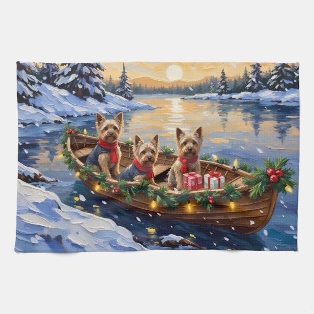 Yorkshire Terrier Christmas Boat Holiday Kitchen Towel (Horizontal)