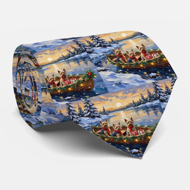Yorkshire Terrier Christmas Boat Holiday Neck Tie (Rolled)