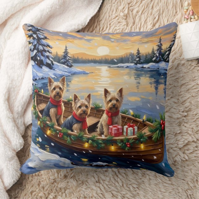 Yorkshire Terrier Christmas Boat Holiday Throw Pillow (Blanket)