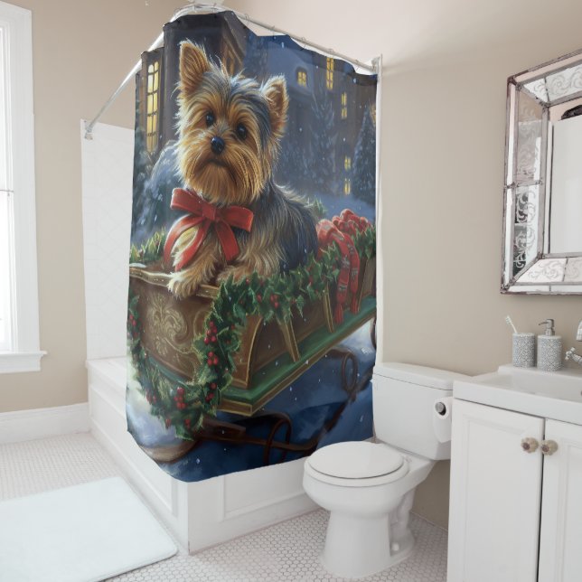 Yorkshire Terrier Christmas Festive Season Shower Curtain (In Situ)