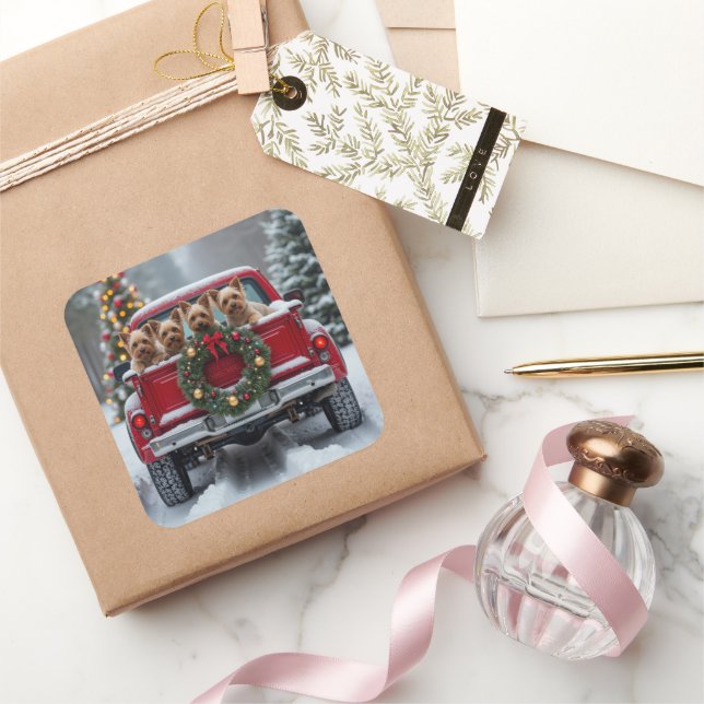 Yorkshire Terrier Christmas Red Truck Holiday Gift Square Sticker (Gifting)