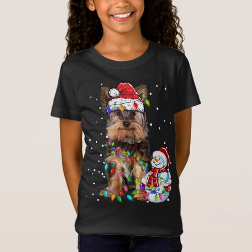 Yorkshire Terrier Christmas Santa Hat Xmas Lights  T_Shirt