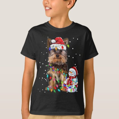 Yorkshire Terrier Christmas Santa Hat Xmas Lights  T_Shirt