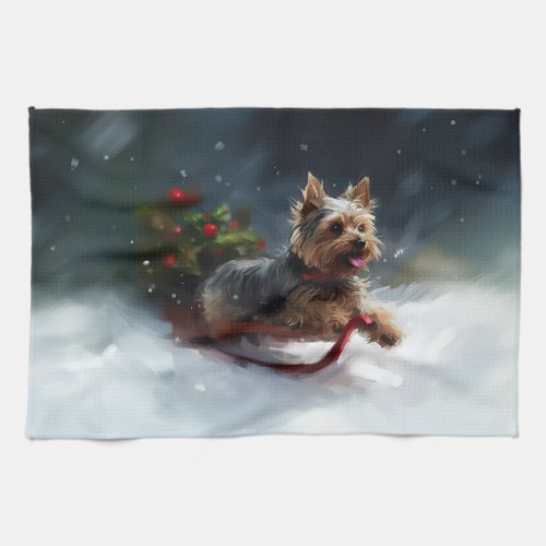 Yorkshire Terrier Christmas snow winter  Kitchen Towel