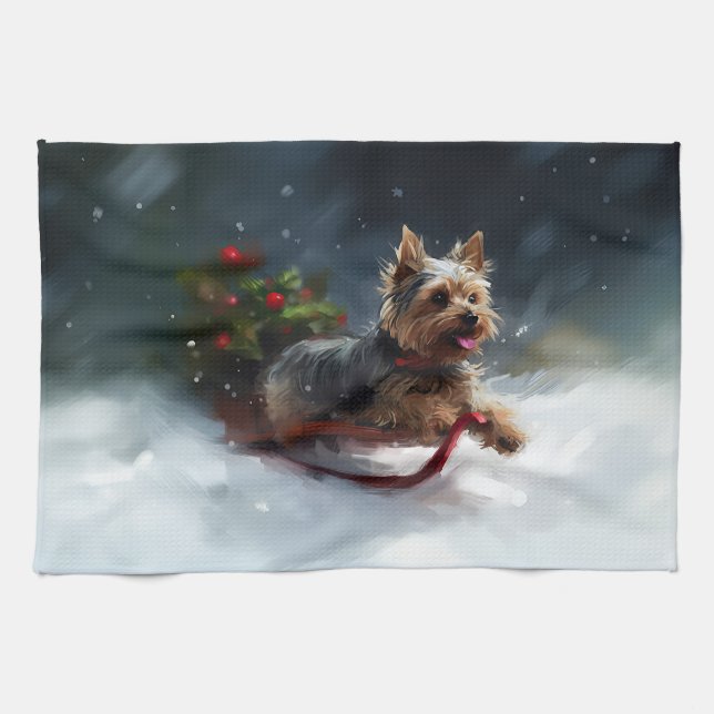 Yorkshire Terrier Christmas snow winter  Kitchen Towel (Horizontal)
