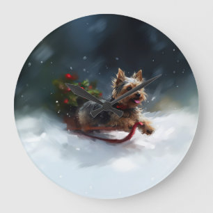 Yorkshire Terrier Christmas snow winter Large Clock