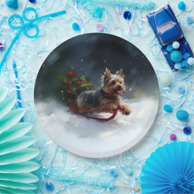 Yorkshire Terrier Christmas snow winter  Paper Plates (Party)