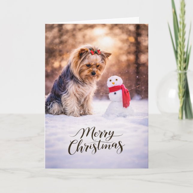 Yorkshire Terrier Christmas Snowman Holiday Card (Front)
