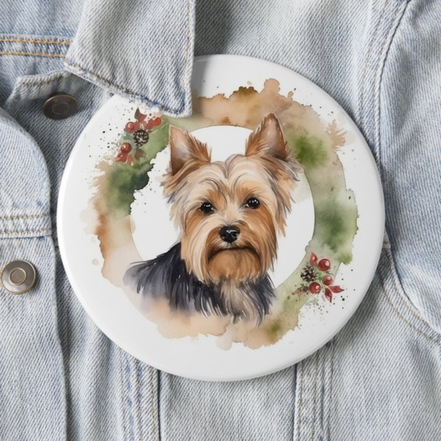 Yorkshire Terrier Christmas Wreath Festive Pup Button (In Situ)