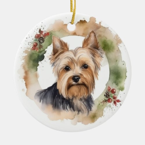 Yorkshire Terrier Christmas Wreath Festive Pup Ceramic Ornament