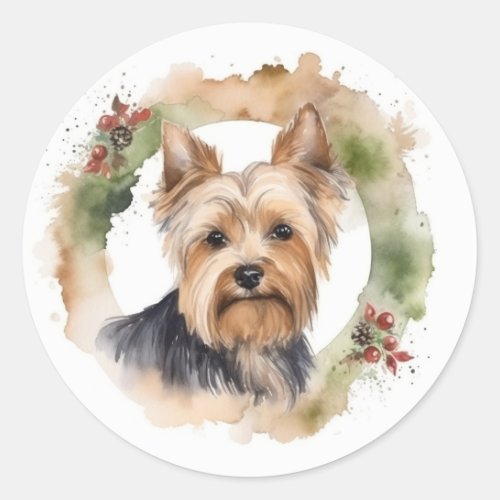 Yorkshire Terrier Christmas Wreath Festive Pup Classic Round Sticker