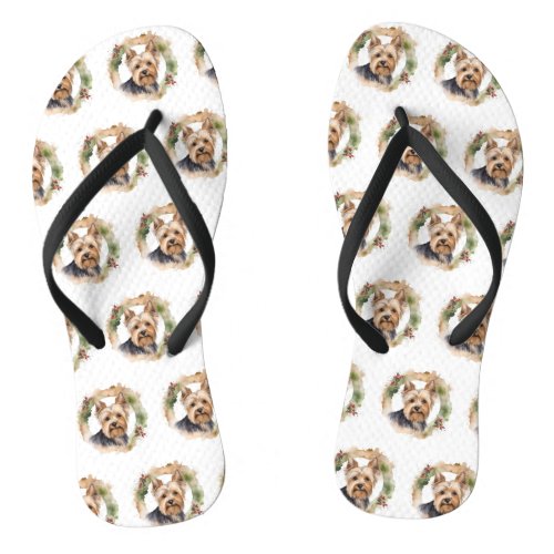 Yorkshire Terrier Christmas Wreath Festive Pup Flip Flops