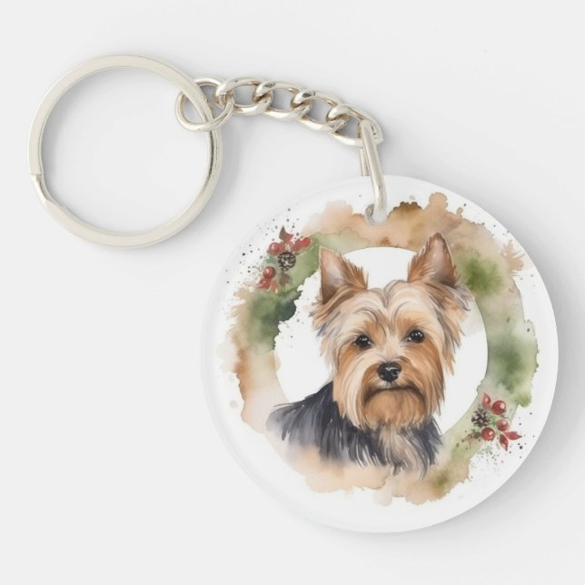 Yorkshire Terrier Christmas Wreath Festive Pup Keychain (Front)