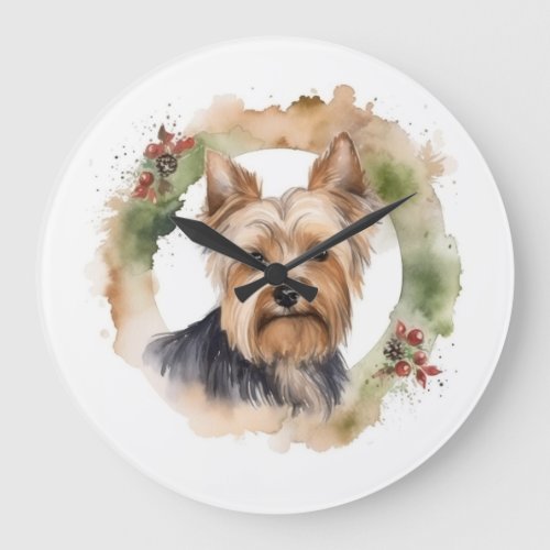 Yorkshire Terrier Christmas Wreath Festive Pup Large Clock