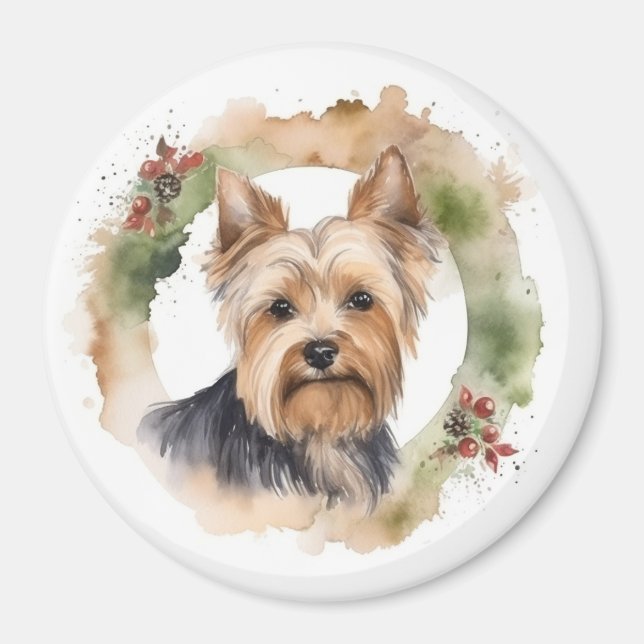 Yorkshire Terrier Christmas Wreath Festive Pup Magnet (Front)