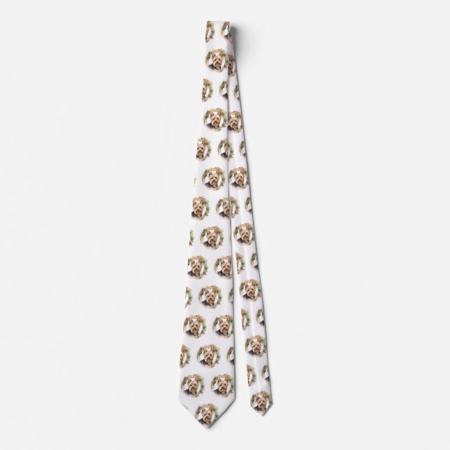 Yorkshire Terrier Christmas Wreath Festive Pup Neck Tie (Front)