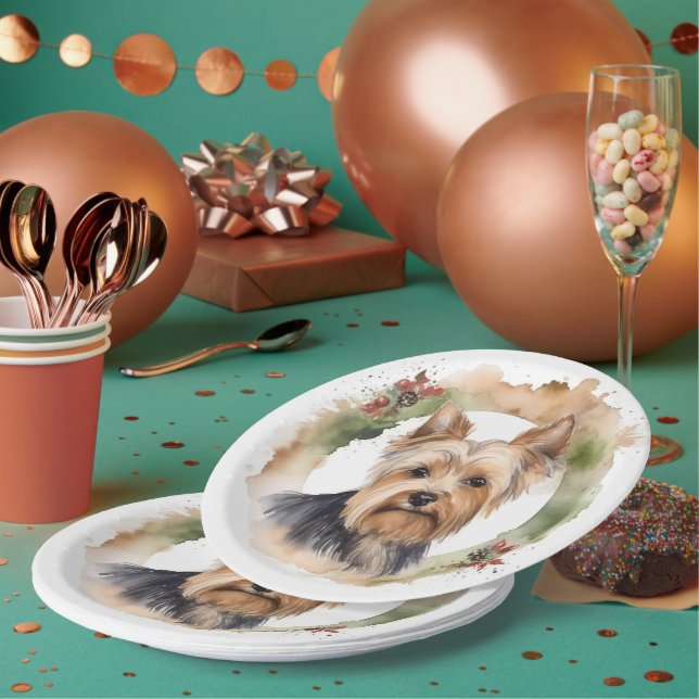 Yorkshire Terrier Christmas Wreath Festive Pup Paper Plates (Multi)