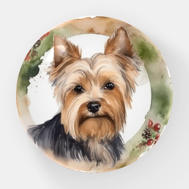 Yorkshire Terrier Christmas Wreath Festive Pup Paperweight (Front)