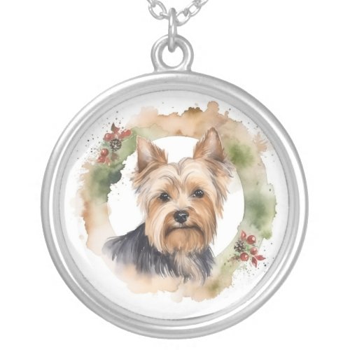 Yorkshire Terrier Christmas Wreath Festive Pup Silver Plated Necklace