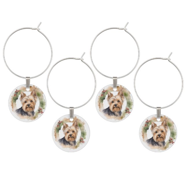 Yorkshire Terrier Christmas Wreath Festive Pup Wine Charm (Staggered)