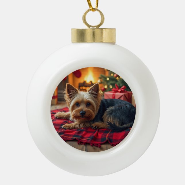 Yorkshire Terrier Cozy Christmas Evening Painting Ceramic Ball Christmas Ornament (Front)