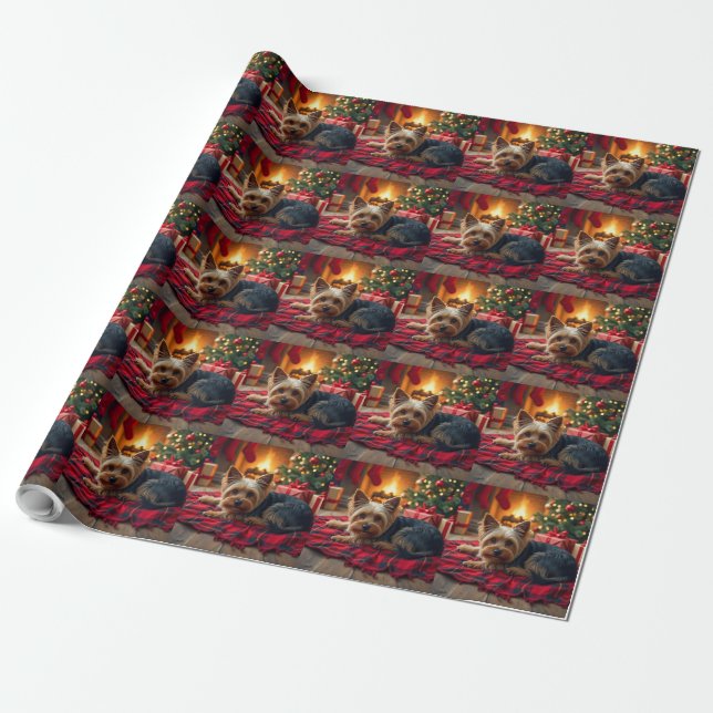 Yorkshire Terrier Cozy Christmas Evening Painting Wrapping Paper (Unrolled)